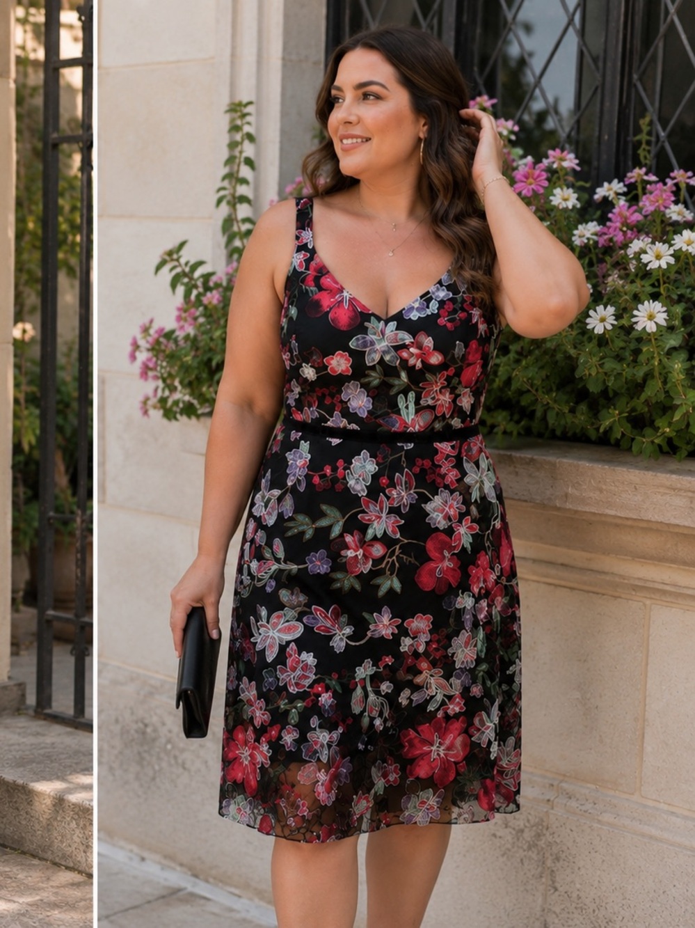 Sam Edelman Black Floral V-Neck Midi Dress with Red & Pink Blooms